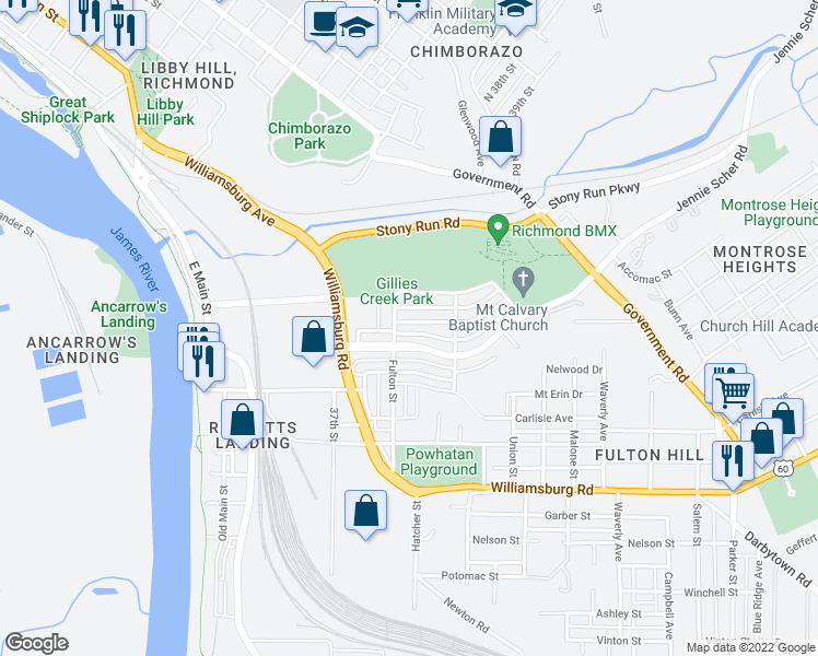 map of restaurants, bars, coffee shops, grocery stores, and more near 809 Old Denny Street in Richmond