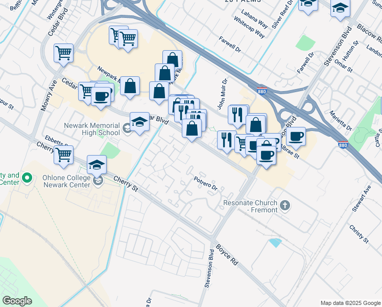 map of restaurants, bars, coffee shops, grocery stores, and more near 6150 Joaquin Murieta Avenue in Newark