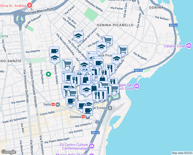 map of restaurants, bars, coffee shops, grocery stores, and more near 18 Via Principe Nicola in Catania