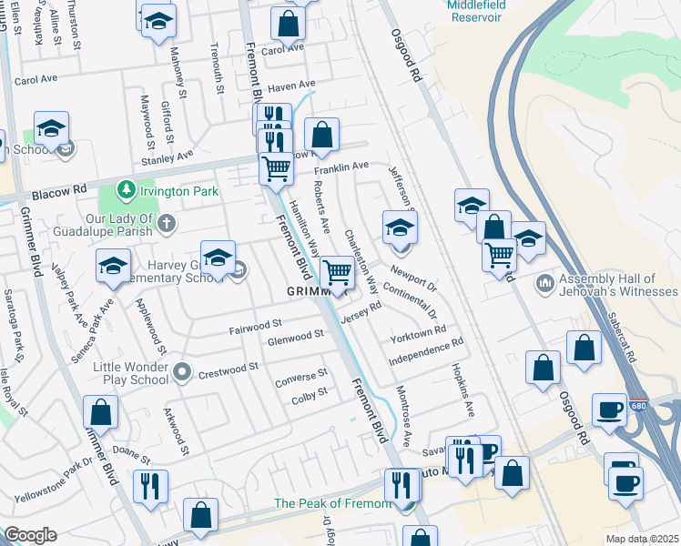 map of restaurants, bars, coffee shops, grocery stores, and more near 3803 Delaware Drive in Fremont