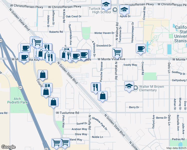 map of restaurants, bars, coffee shops, grocery stores, and more near 1885 Filmore Way in Turlock