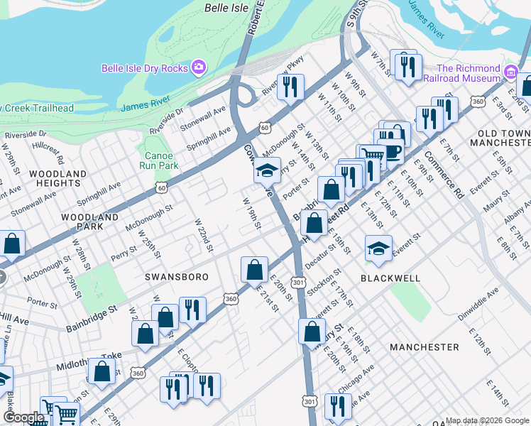 map of restaurants, bars, coffee shops, grocery stores, and more near 1729 Porter Street in Richmond