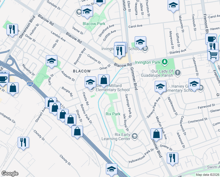 map of restaurants, bars, coffee shops, grocery stores, and more near 5032 Valpey Park Avenue in Fremont