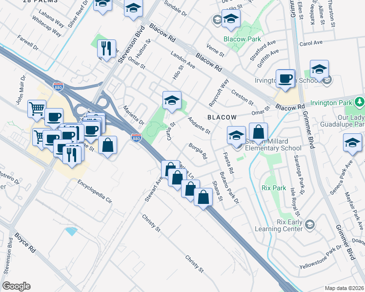 map of restaurants, bars, coffee shops, grocery stores, and more near 5223 Farina Lane in Fremont