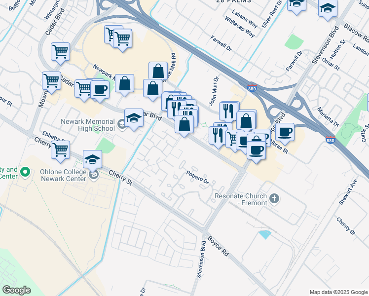 map of restaurants, bars, coffee shops, grocery stores, and more near 6150 Joaquin Murieta Avenue in Newark