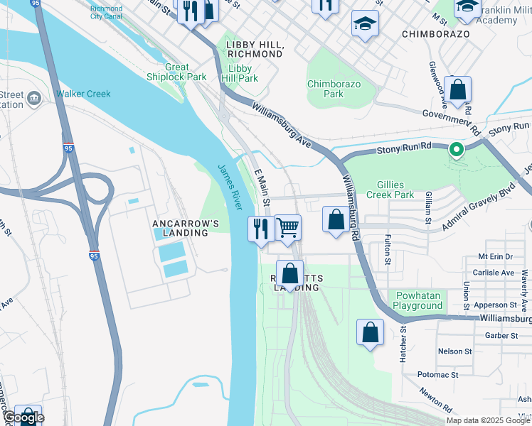 map of restaurants, bars, coffee shops, grocery stores, and more near 4400 East Main Street in Richmond