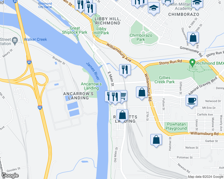 map of restaurants, bars, coffee shops, grocery stores, and more near 4400 East Main Street in Richmond