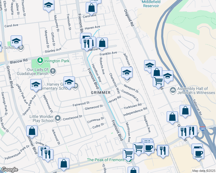map of restaurants, bars, coffee shops, grocery stores, and more near 3803 Delaware Drive in Fremont