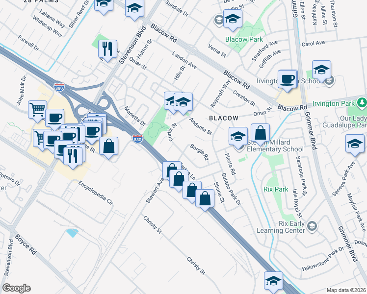 map of restaurants, bars, coffee shops, grocery stores, and more near 5223 Farina Lane in Fremont