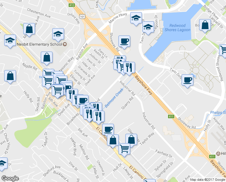 map of restaurants, bars, coffee shops, grocery stores, and more near 435 Harbor Boulevard in Belmont
