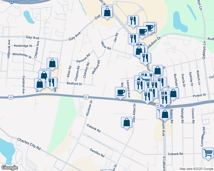 map of restaurants, bars, coffee shops, grocery stores, and more near 4934 Stonewall Avenue in Henrico