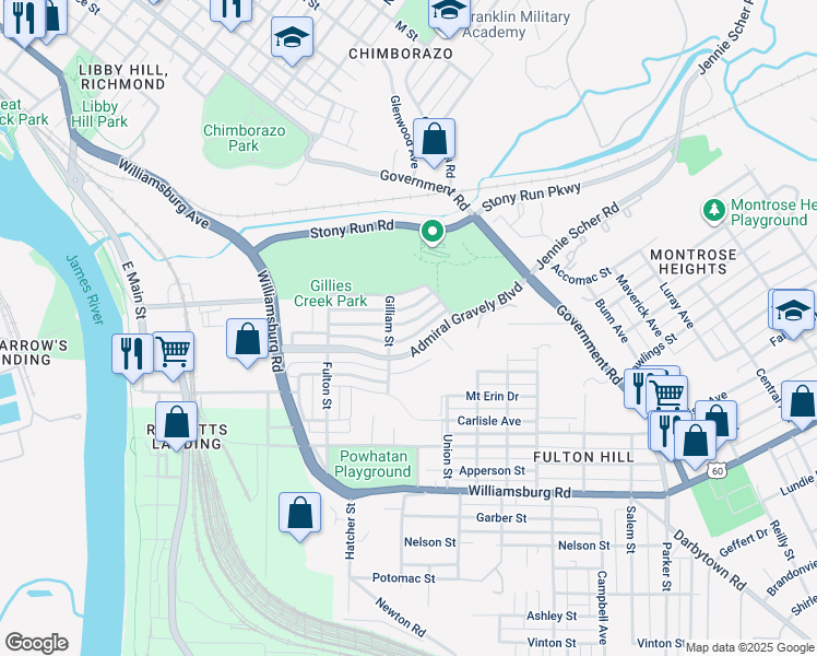map of restaurants, bars, coffee shops, grocery stores, and more near 913 Old Denny Street in Richmond