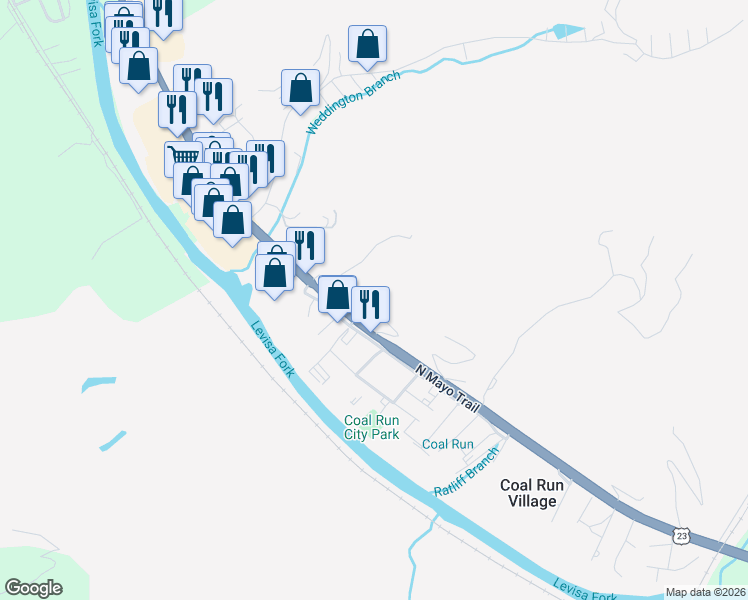 map of restaurants, bars, coffee shops, grocery stores, and more near 57 Goldenrod Lane in Pikeville