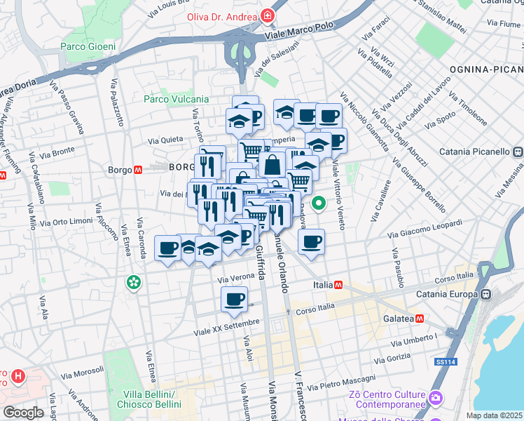 map of restaurants, bars, coffee shops, grocery stores, and more near 78 Via Vincenzo Giuffrida in Catania