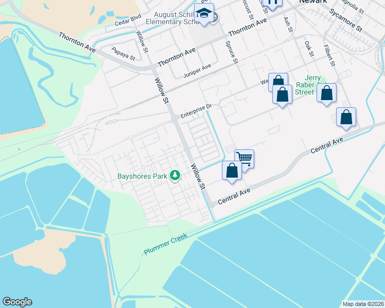 map of restaurants, bars, coffee shops, grocery stores, and more near 37645 Bay Crest Road in Newark