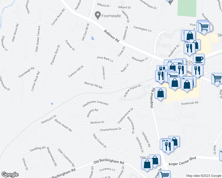 map of restaurants, bars, coffee shops, grocery stores, and more near 11921 Murray Hill Road in Midlothian