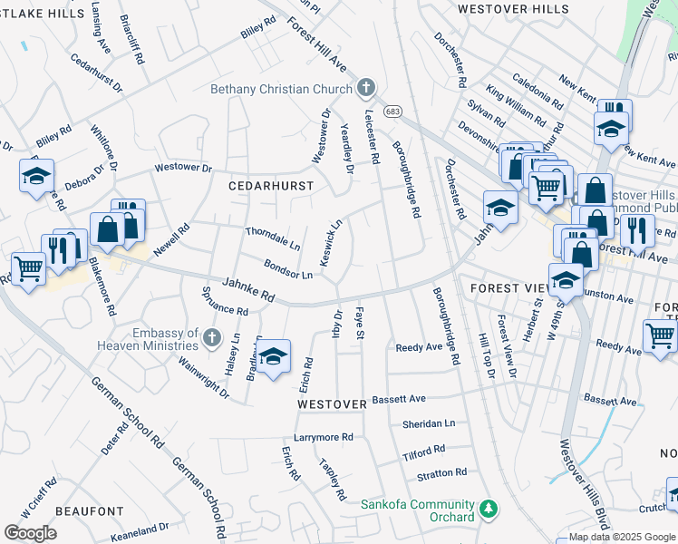map of restaurants, bars, coffee shops, grocery stores, and more near 1106 Irby Drive in Richmond