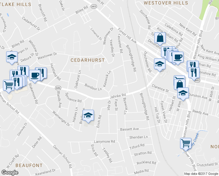 map of restaurants, bars, coffee shops, grocery stores, and more near 1106 Irby Drive in Richmond