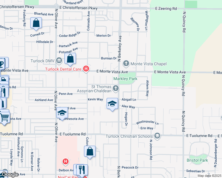 map of restaurants, bars, coffee shops, grocery stores, and more near 2901 North Berkeley Avenue in Turlock