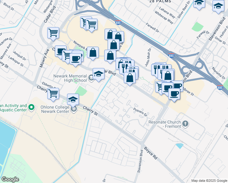 map of restaurants, bars, coffee shops, grocery stores, and more near 6101 Joaquin Murieta Avenue in Newark