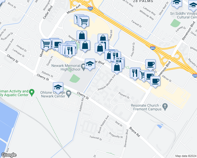 map of restaurants, bars, coffee shops, grocery stores, and more near 6217 Joaquin Murieta Avenue in Newark