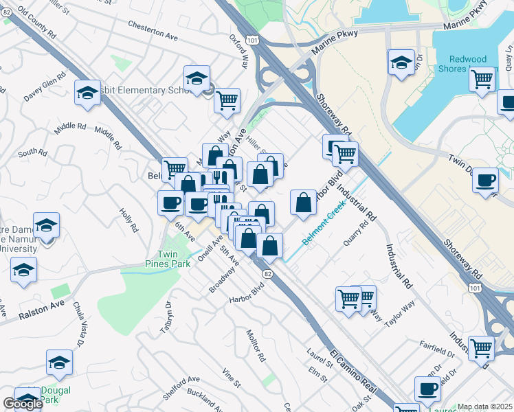 map of restaurants, bars, coffee shops, grocery stores, and more near 1301 Old County Road in Belmont
