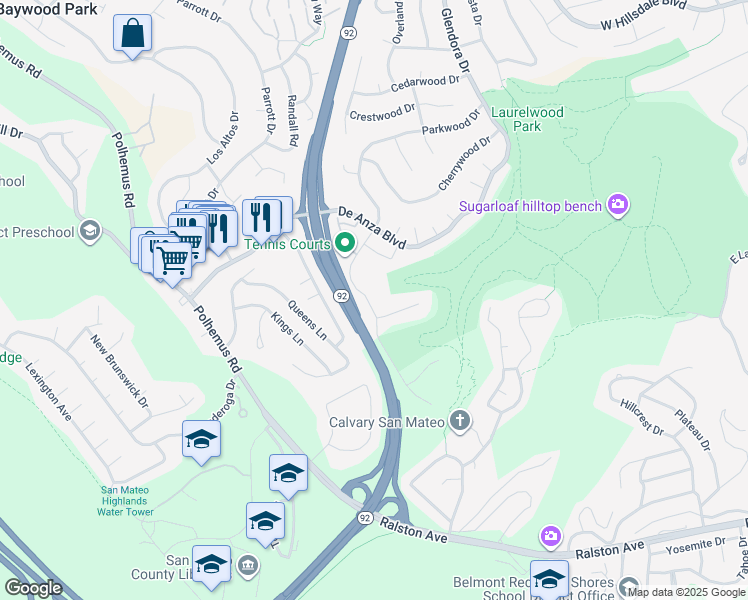 map of restaurants, bars, coffee shops, grocery stores, and more near 1668 Toyon Court in San Mateo