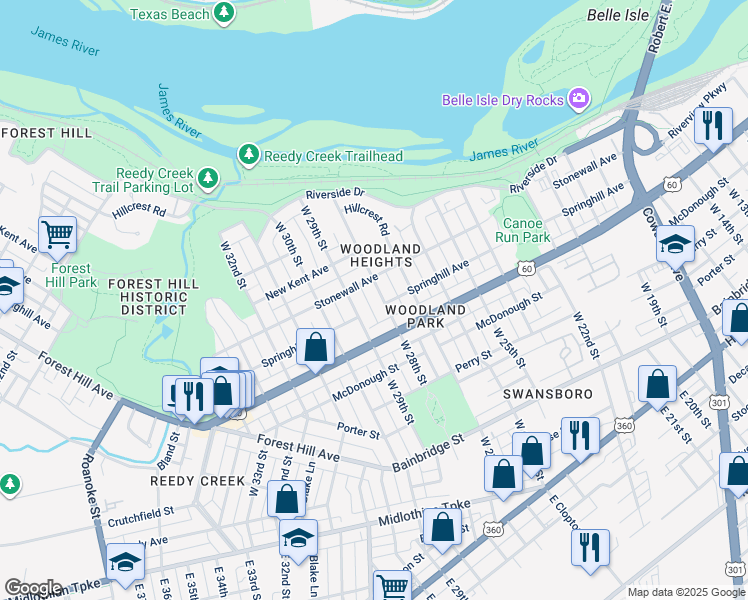 map of restaurants, bars, coffee shops, grocery stores, and more near 604 West 28th Street in Richmond
