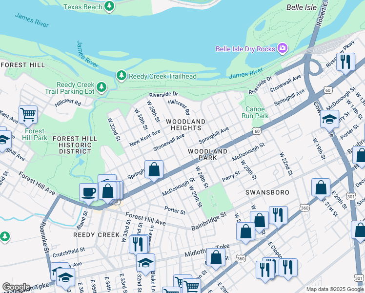map of restaurants, bars, coffee shops, grocery stores, and more near 604 West 28th Street in Richmond