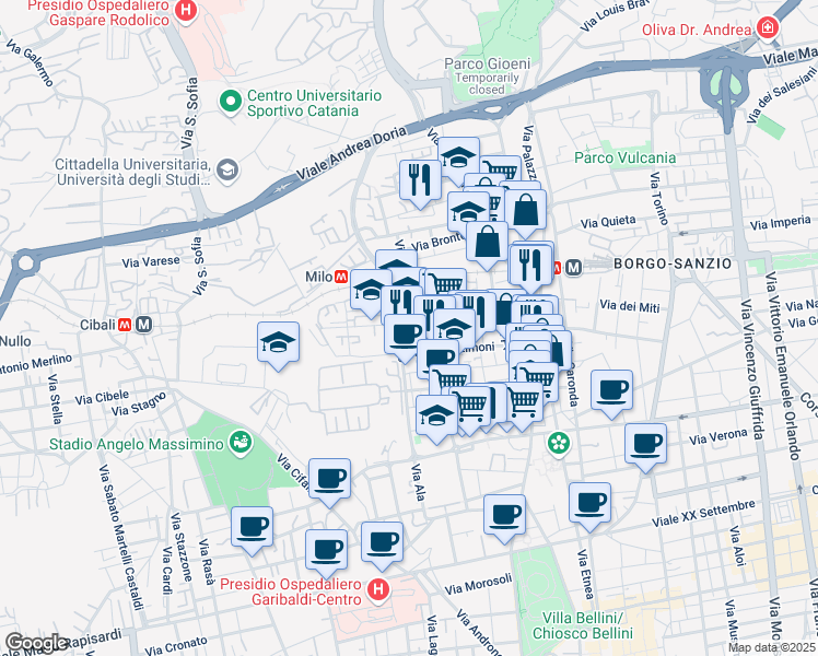 map of restaurants, bars, coffee shops, grocery stores, and more near 13 Via Milo in Catania