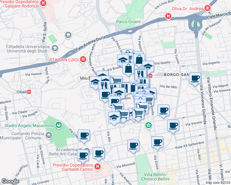 map of restaurants, bars, coffee shops, grocery stores, and more near 37-55 Via Orto Limoni in Catania