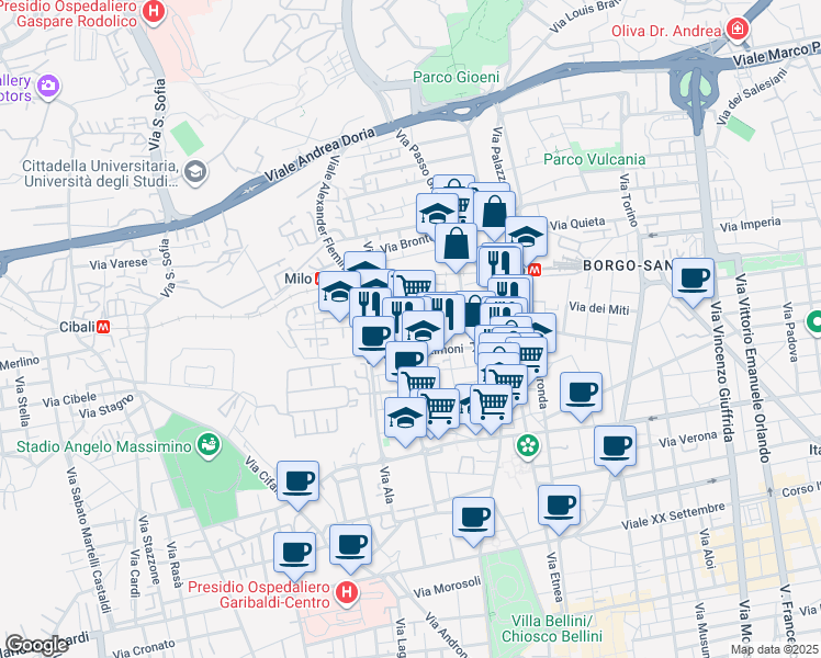 map of restaurants, bars, coffee shops, grocery stores, and more near 37-55 Via Orto Limoni in Catania