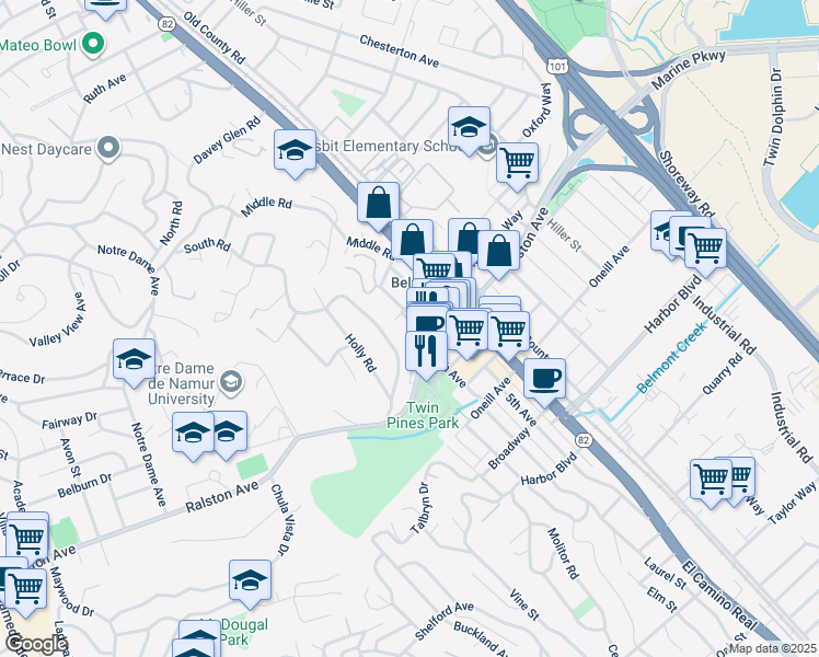 map of restaurants, bars, coffee shops, grocery stores, and more near 900 6th Avenue in Belmont