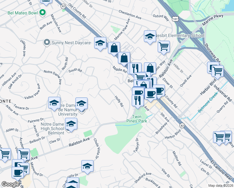 map of restaurants, bars, coffee shops, grocery stores, and more near 825 Holly Road in Belmont