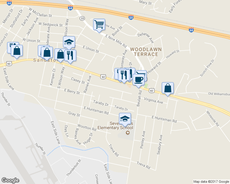 map of restaurants, bars, coffee shops, grocery stores, and more near 317 Casey Street in Sandston