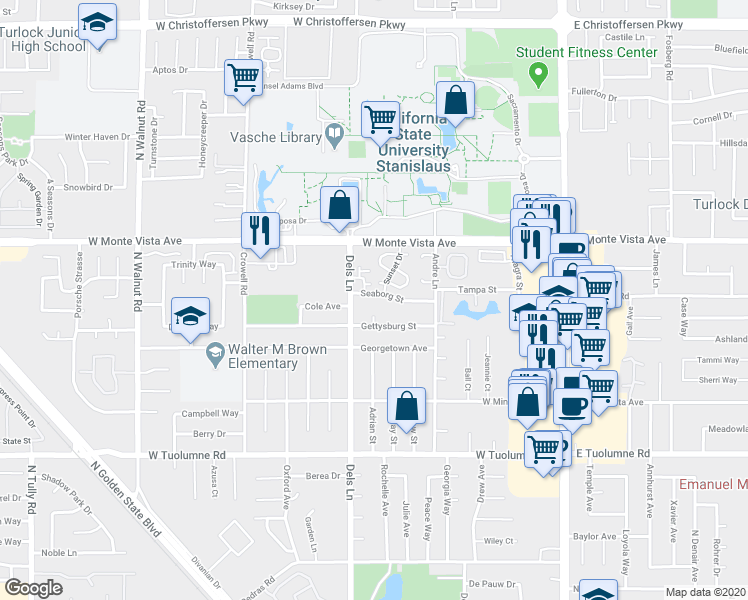 map of restaurants, bars, coffee shops, grocery stores, and more near 680 Seaborg Street in Turlock