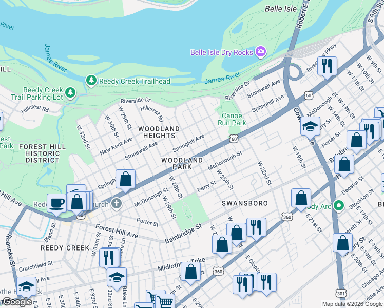 map of restaurants, bars, coffee shops, grocery stores, and more near in Richmond