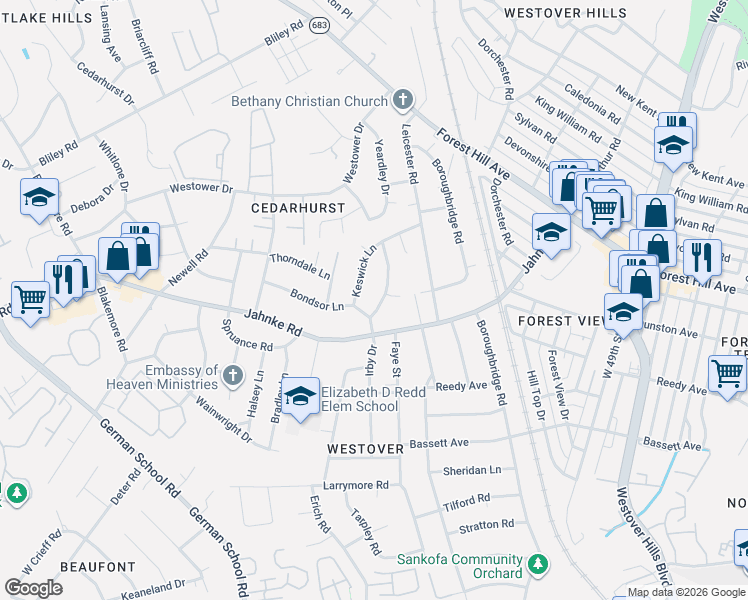 map of restaurants, bars, coffee shops, grocery stores, and more near 5513 Bondsor Lane in Richmond