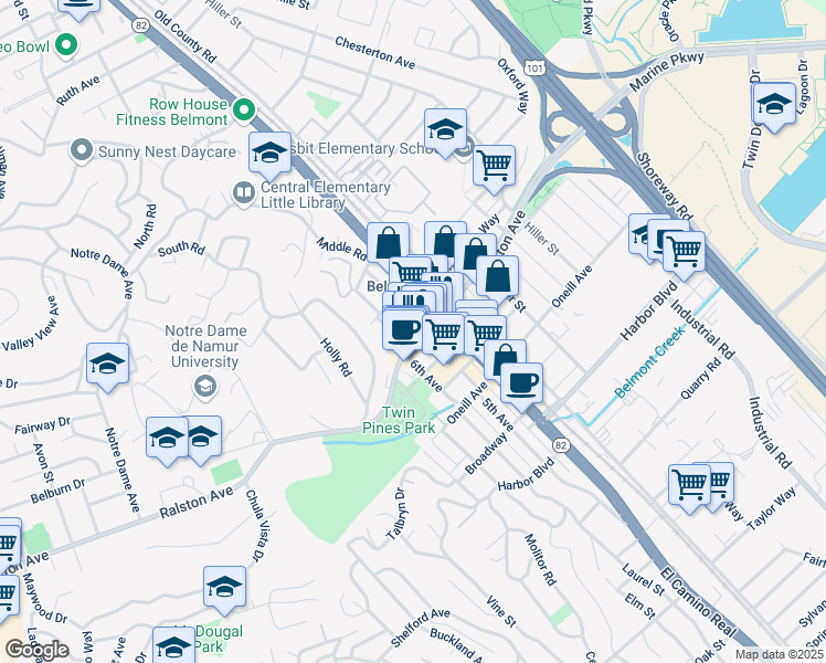 map of restaurants, bars, coffee shops, grocery stores, and more near 944 Ralston Avenue in Belmont