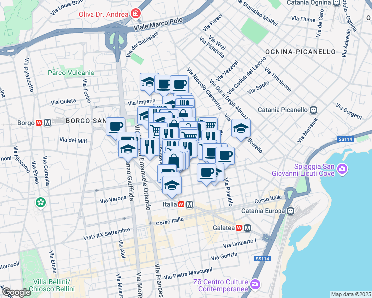 map of restaurants, bars, coffee shops, grocery stores, and more near 14-26 Via Vicenza in Catania