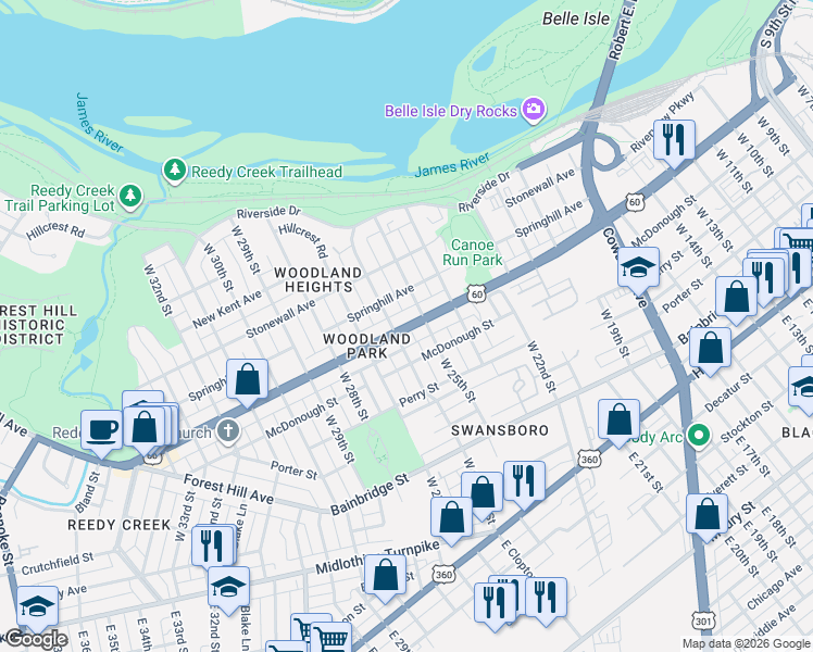 map of restaurants, bars, coffee shops, grocery stores, and more near 2509 Semmes Avenue in Richmond