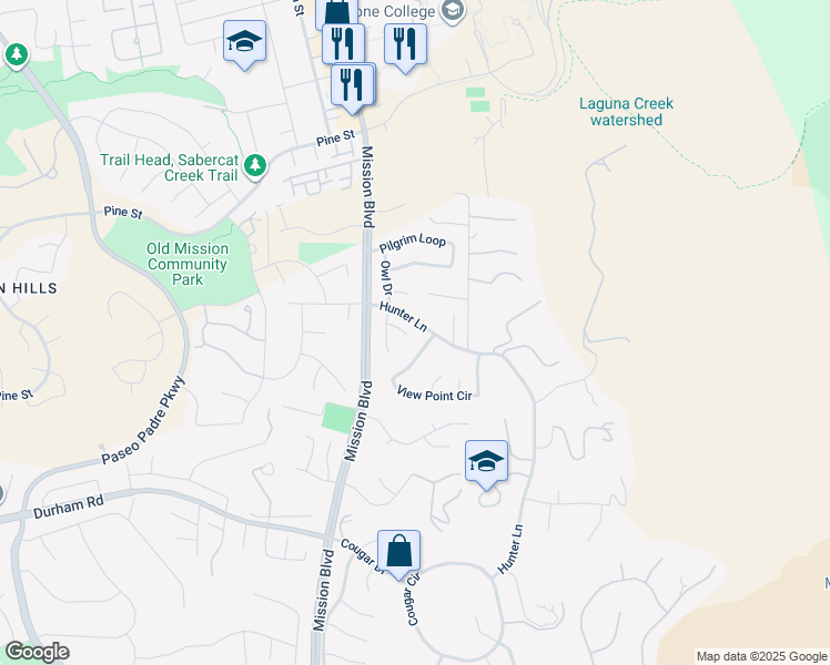 map of restaurants, bars, coffee shops, grocery stores, and more near 224 Owl Court in Fremont