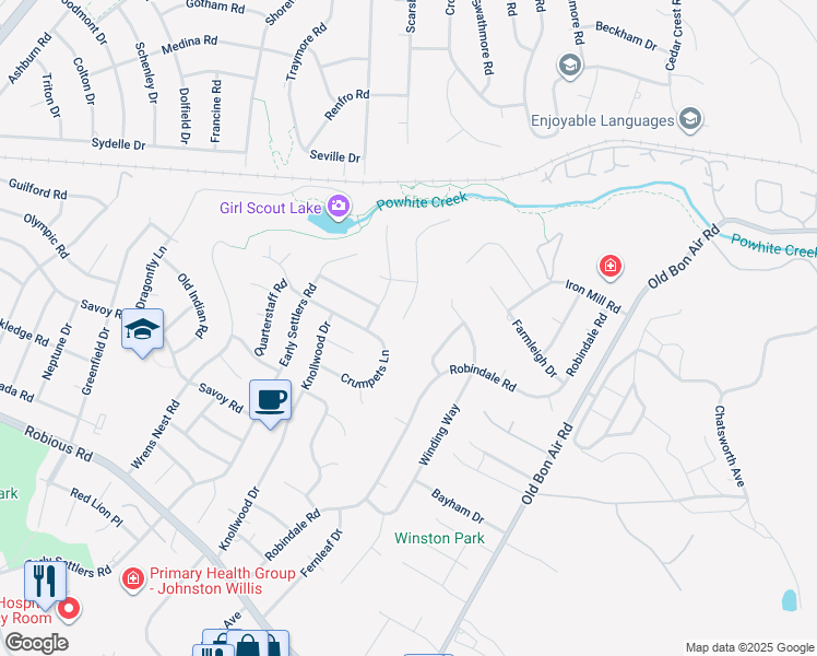 map of restaurants, bars, coffee shops, grocery stores, and more near 2401 Trefoil Way in Richmond