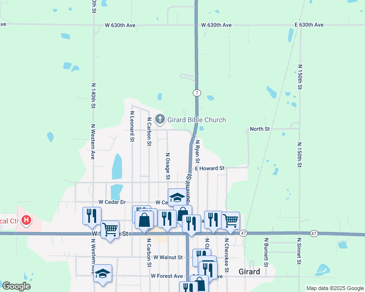 map of restaurants, bars, coffee shops, grocery stores, and more near 721 North Summit Street in Girard