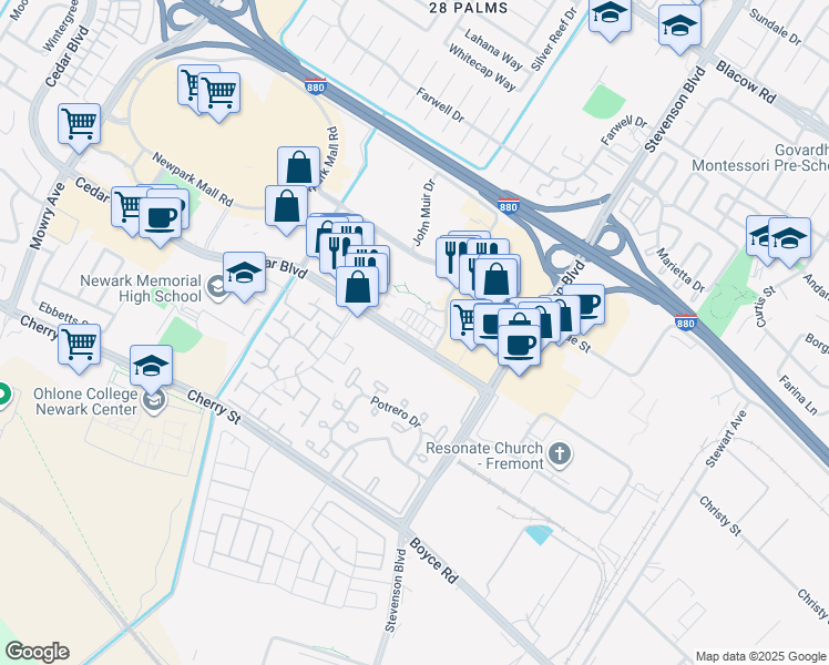 map of restaurants, bars, coffee shops, grocery stores, and more near 39857 Pelton Terrace in Newark