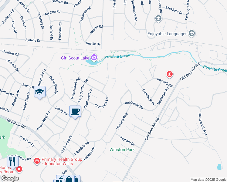 map of restaurants, bars, coffee shops, grocery stores, and more near 2401 Trefoil Way in Richmond