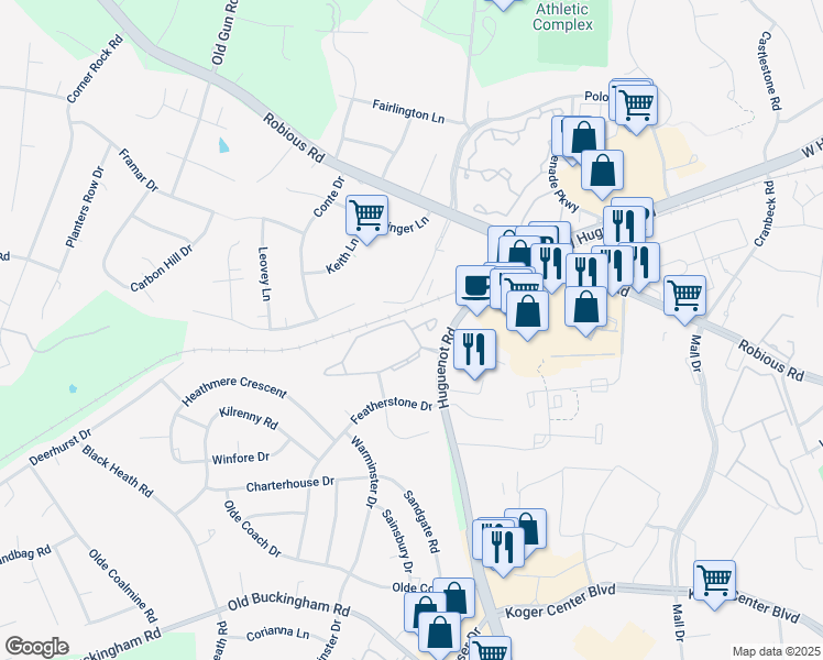 map of restaurants, bars, coffee shops, grocery stores, and more near 11603 East Briar Patch Drive in Richmond