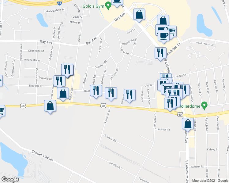 map of restaurants, bars, coffee shops, grocery stores, and more near 3902 Bedford Street in Henrico