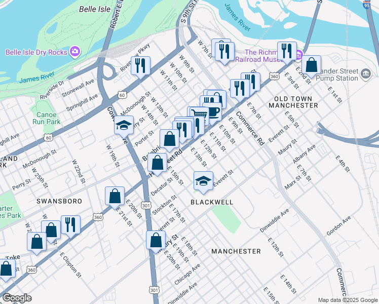 map of restaurants, bars, coffee shops, grocery stores, and more near 14 East 14th Street in Richmond