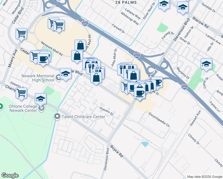 map of restaurants, bars, coffee shops, grocery stores, and more near 39855 Pelton Terrace in Newark